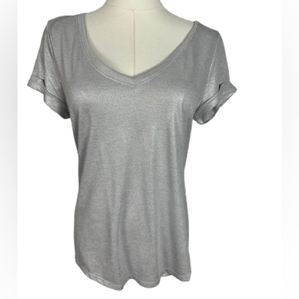 White House Black Market Silver Metallic V‑Neck Short Sleeve Tee